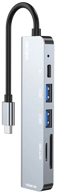UNiCORN 6合1 HDMI USB 多功能集線器 SD / TF讀卡機 PD 87W充電 4K鏡像輸出 USB集線器 TCH-P30, 灰色