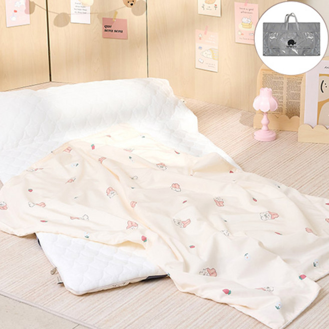 bebenuvo DIY莫代爾&Duraron材質雙面午睡薄墊+莫代爾毯+鋪棉薄墊芯+枕芯+不織布收納袋組, 草莓&白兔款