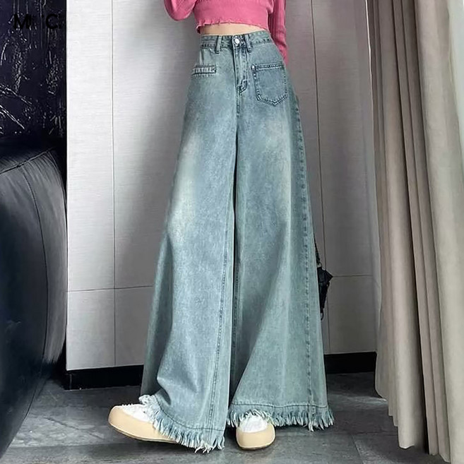 MEICHEL 女款高腰口袋流蘇寬版牛仔褲 13573