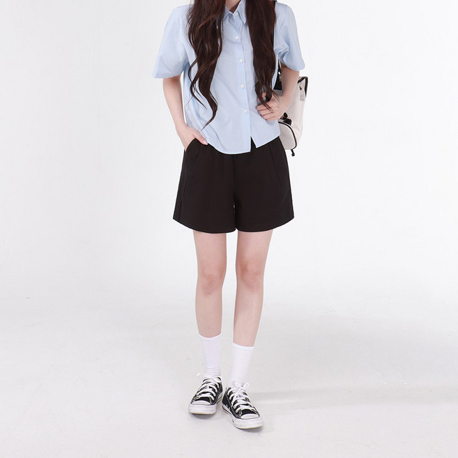 Cotton Closet 女款壓褶半長夏季彈性四分西裝短褲