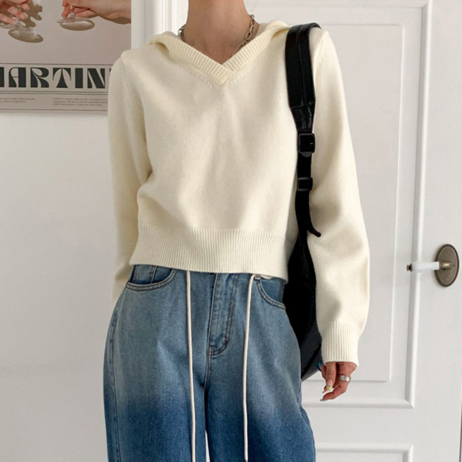 KnitNJean 女款寬鬆V領短版針織連帽衫