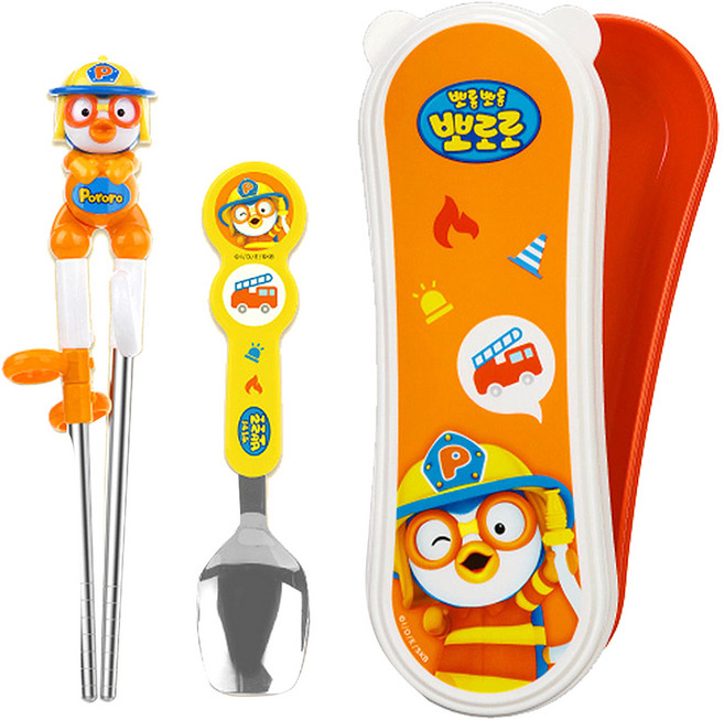 Edison X Pororo 不鏽鋼筷匙組 右手用, 消防員造型, 學習筷 + 湯匙 + 收納盒, 1組