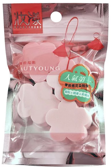 BEAUTYOUNG 妝漾 花朵粉撲, 粉色 + 玫粉色, 1包