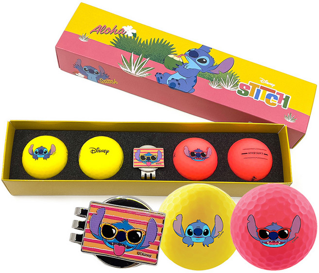 Volvik Disney史迪奇1.0聯名Vivid Soft系列3層高爾夫球 4顆 + 高爾夫球標組, 1組, 粉色 + 黃色