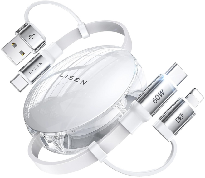 LISEN 李森 Type-C + USB-Type-C + Lightning 60W伸縮線, 1m, 白色, 1條