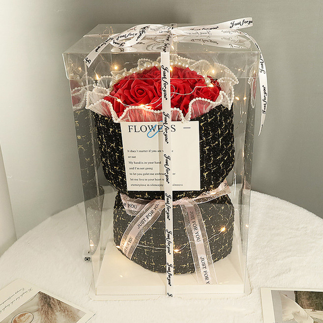 Mini嚴選 小香風香皂花束禮盒 附透明禮盒 + 燈飾 CN0349-E 19朵, 紅色, 1個