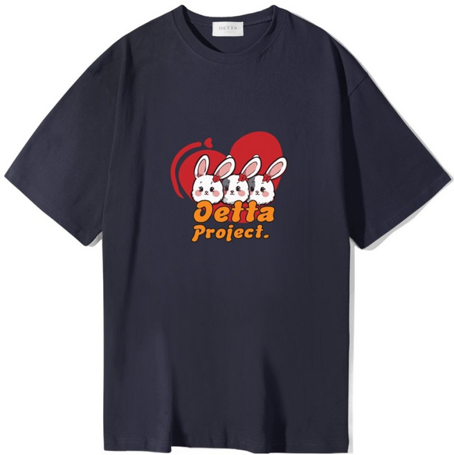 OETA 透氣愛心兔子雙層棉質寬鬆短袖T恤, 海軍藍