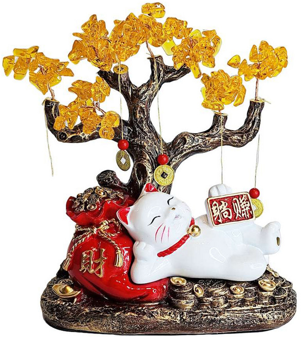 MODACore 摩達客 開運招財 金銅錢發財樹躺賺招財貓福袋擺飾, 金色 + 紅色 + 白色