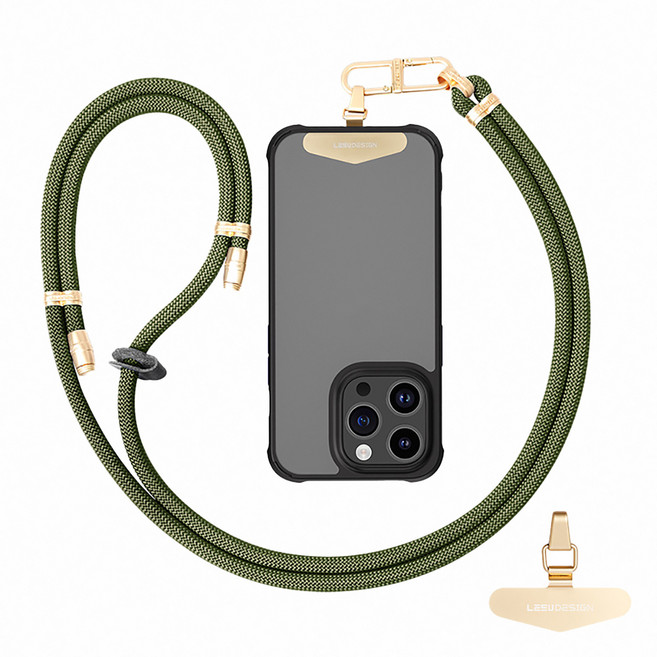 LEEU DESIGN 高質可調節金屬墊片編織手機掛繩, 軍綠色, 1條