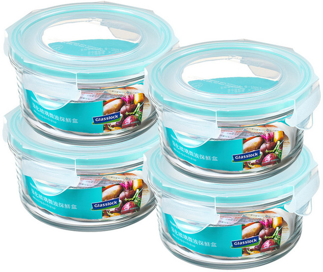 Glasslock 格拉氏洛克 圓型強化玻璃微波保鮮盒 400ml, 藍綠色, 4個