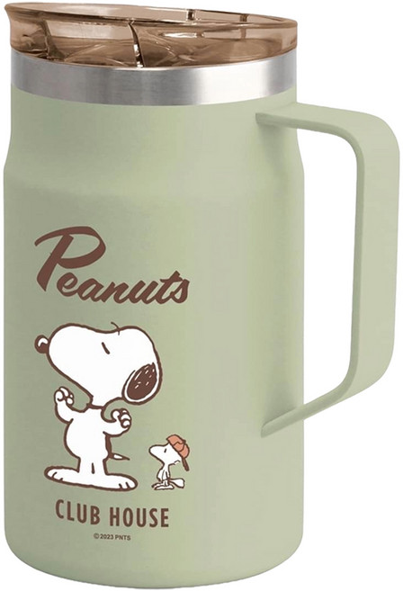 PEANUTS 史努比 悠活真空保溫提把杯, 草綠色, 1個, 600ml