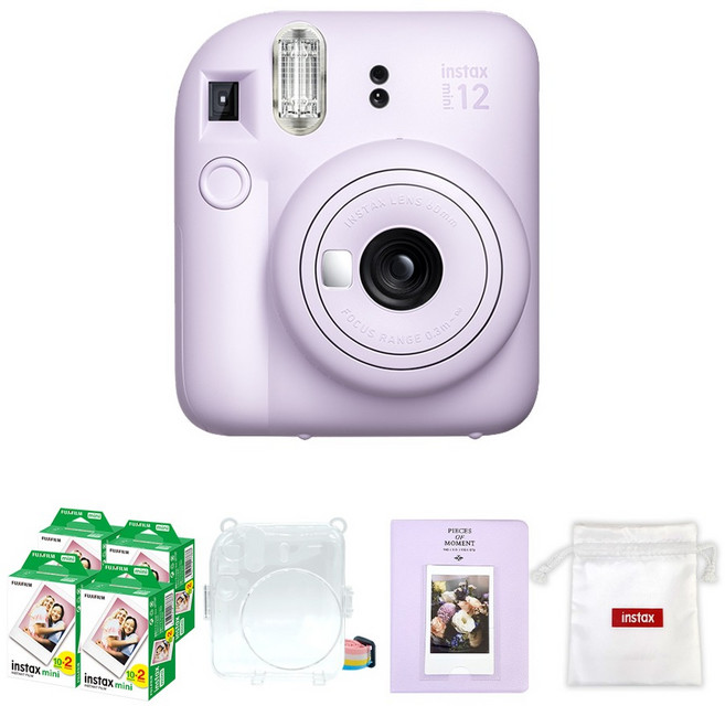 FUJIFILM 富士 instax instax mini 12 拍立得相機 紫丁香色 + mini底片 80張 + 透明保護殼 + 馬卡龍雙層相簿 + Logo收納袋組合, 1個