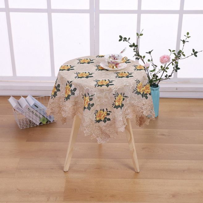 十字繡蕾絲桌巾茶几防塵桌巾 110 x 110cm 黃色 1個