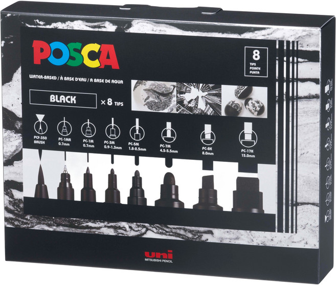 POSCA 8種粗細混合 PC-MIX 黑色, 1個, 1色