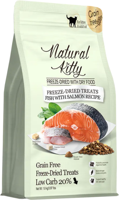 Natural Kitty 自然小貓 低碳無穀凍乾糧, 1.8kg, 1包, 鮭魚
