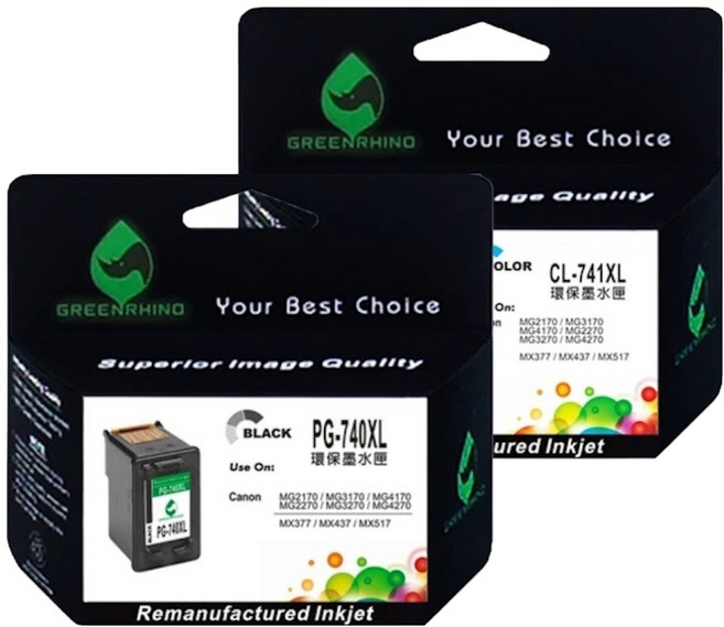 GREENRHINO 綠犀牛 兼容環保墨水匣 Canon PIXMA系列適用 PG740XL + CL741XL, 黑色 + 彩色, 1組