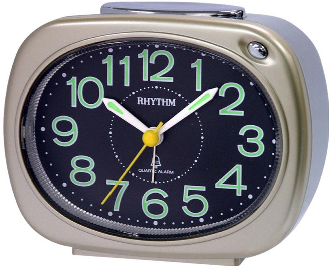 RHYTHM 日本麗聲時計 簡單造型清晰數字貪睡夜燈鈴聲鬧鈴鬧鐘, 香檳金
