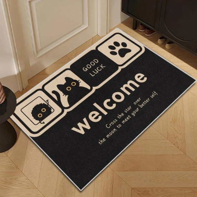 AFAMIC 艾法 迎賓落塵吸水 WELCOME玄關腳踏墊 水晶絨印花地墊, 黑喵格, 1個