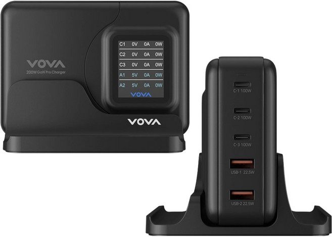 Vova GaN2 顯示螢幕 超高速 多埠充電器 200W + 專用支架套組 VA-205, 1套, 黑色