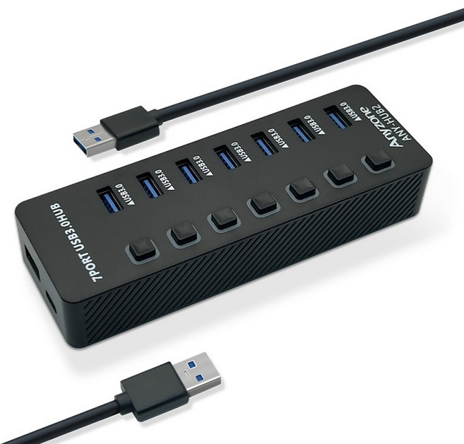 Anyzone 7埠 USB 3.0 A型 無電源 獨立開關集線器 ANY-HUB2, 黑色, 1個