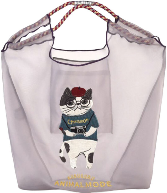 kUSUgURU JAPAN 日本眼鏡貓 Animal Mode系列 緹花繩手柄刺繡 傘繩購物包/網紗提包, 灰色