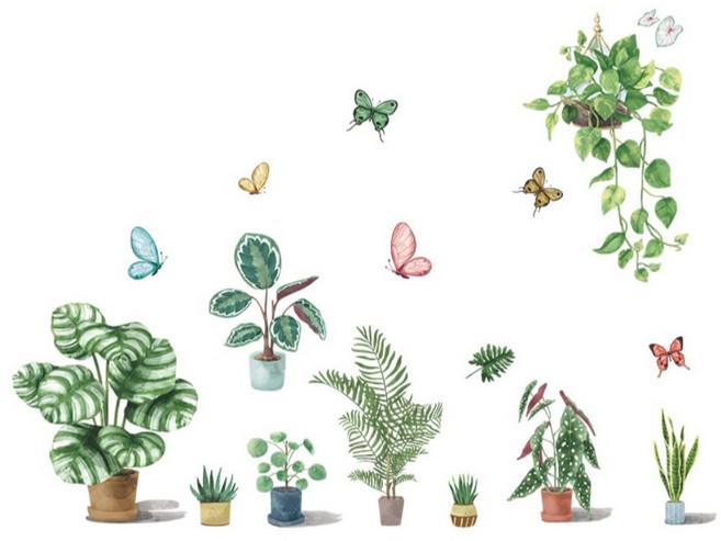 WA. WALL ART 無痕設計壁貼 創意DIY 防水PVC 植物/盆栽/葉子/蝴蝶 115 x 85cm 2張 彩色 FX-C228