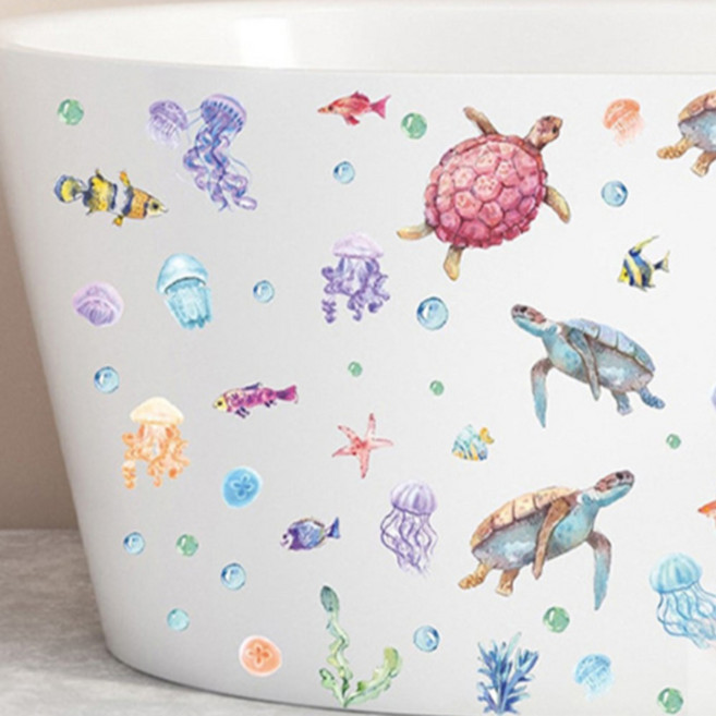 WA. WALL ART 防水PVC無痕設計壁貼 海底世界 烏龜 水母 海星 多色 90 x 30cm FX-D357