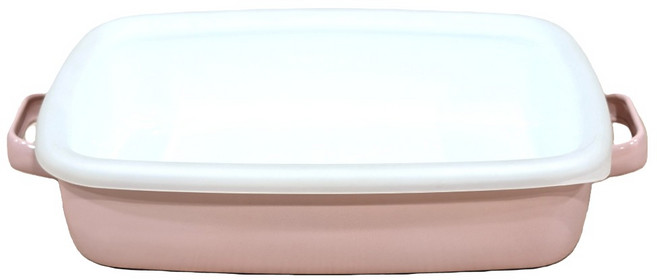 FUJIHORO 雙耳琺瑯烘焙保鮮盒淺型 附塑膠蓋 莫蘭迪粉 1.6L, 1組, 容器 + 蓋子