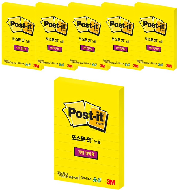 3M Post-it 利貼 狠黏橫格便條紙 657, 黃色, 6個, 90張