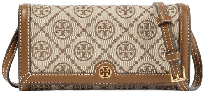 TORY BURCH 緹花拼接皮革翻蓋斜背包 S10135846, 卡其色