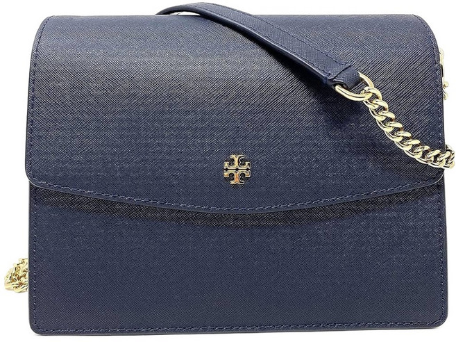 TORY BURCH 雙T-LOGO防刮皮革翻蓋斜背包, 深藍色