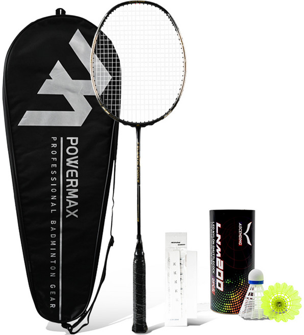 POWERMAX Elastic Force 黑金款 + 握把布 + 專用球拍套 + 羽毛球 2入組, 1個, 單一商品