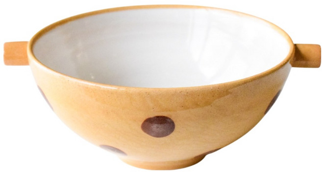 茶釉水玉雙耳湯碗 日本製, 橘黃色, 1個