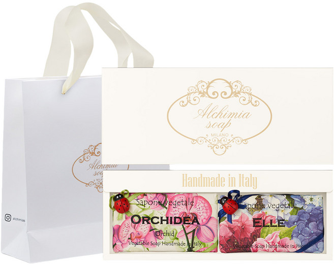 ALCHIMIA Orchidea 香皂 200g + Elle 香皂 200g + 象牙白禮盒組 + 提袋, 1套