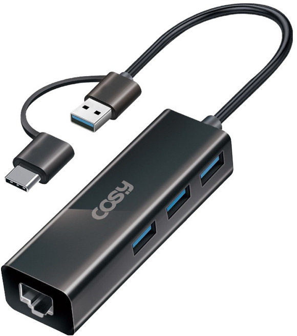 COSY 雙接頭 Type-C + USB-A Gigabit 網路卡轉接器 3埠 USB 集線器, 黑色, 1個