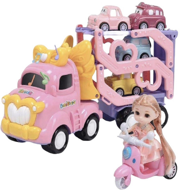 cute stone 盟石 仿真聲光粉紅公主三層運輸卡車套裝玩具組, 1套, 多色
