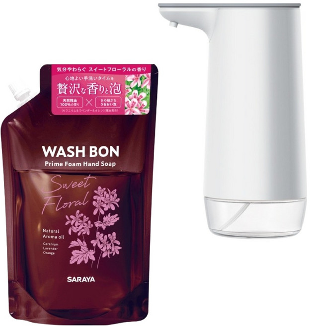 WASH BON 給皂機 白色 + 植萃精油洗手慕斯補充包 柑橘花香, 500ml, 1組