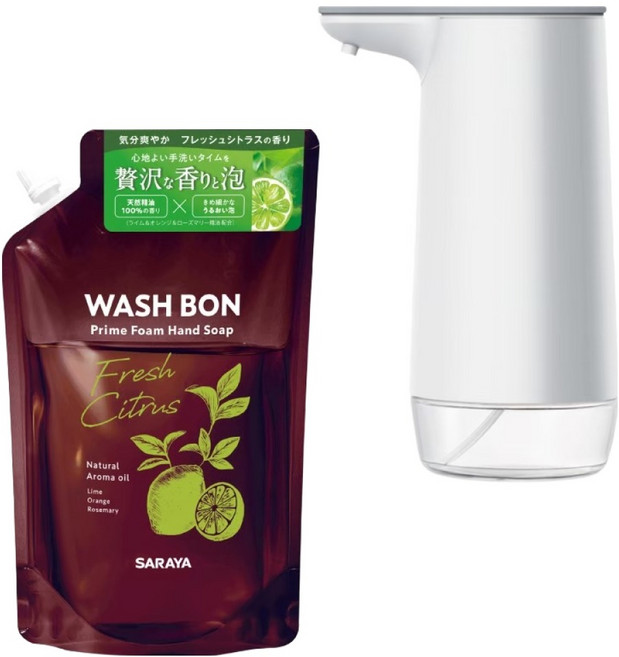 WASH BON 給皂機 白色 + 植萃精油洗手慕斯補充包 青檸橙香, 500ml, 1組