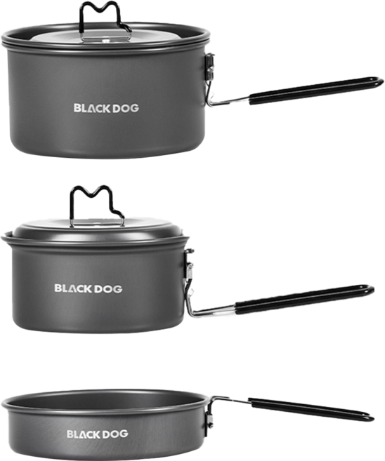 Blackdog 新版 食野 2.0 戶外露營套鍋 煎鍋 + 大鍋附鍋蓋 + 中鍋附鍋蓋 3件組, 夜幕黑, 1套