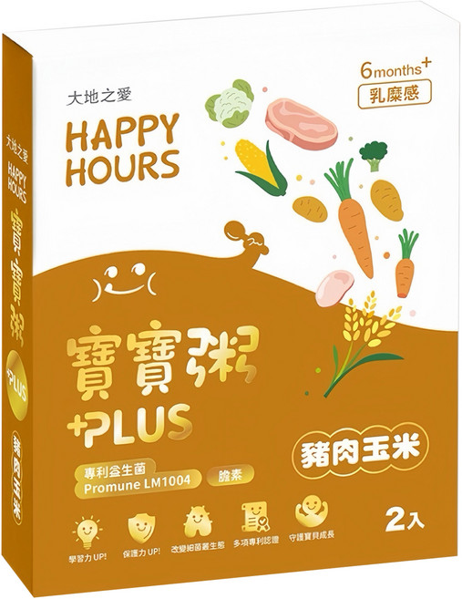 大地之愛 Happy Hours 寶寶粥PLUS+ 2個裝, 豬肉玉米, 300g, 1盒