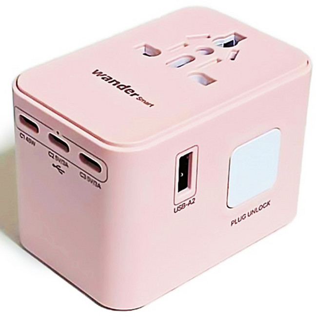 Wonder 智慧型超高速海外旅行用多功能插頭 6埠轉接器 PD 45W GaN 2500W 粉紅色, 1個
