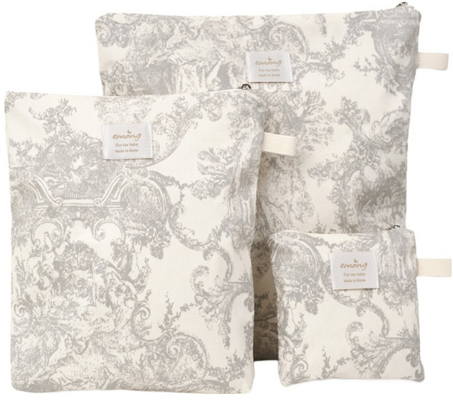 EmonG Toile de Jouy 法式印花 幼兒園必備品 防水收納袋 3件組, 灰色