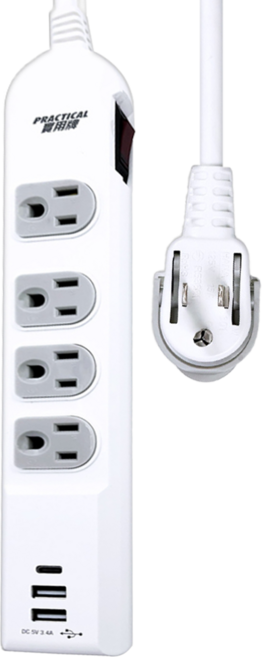 PRACTICAL 實用牌 PNA3433U-6 1開4插6尺3P + 3U延長線, 白色, 1個, 1.8m