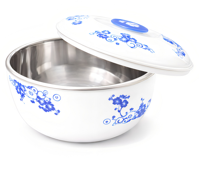 YOYOKI 雙層碗 304不鏽鋼碗 + 塑膠碗 + 蓋 大, 青花瓷, 1套
