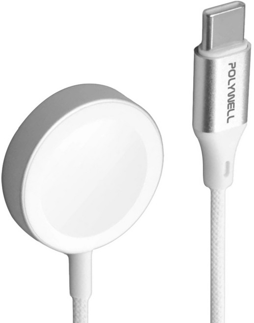 POLYWELL 寶利威爾 Type-C磁吸無線手錶充電盤 + 編織線 PW15-T65-0640, 白色, 1條