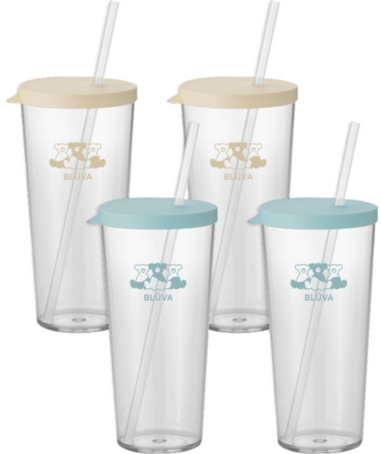 Blubar Tritan透明簡約吸管隨行杯 670ml x 2款 x 2入組, 象牙黃, 粉彩薄荷, 1套