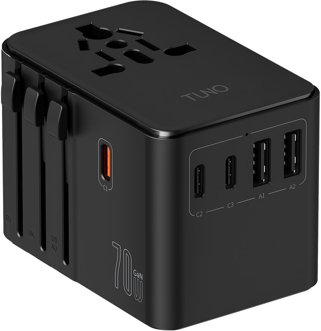 TUNO 圖諾 70W 氮化鎵多國旅行充電轉接器, 黑色, 1個