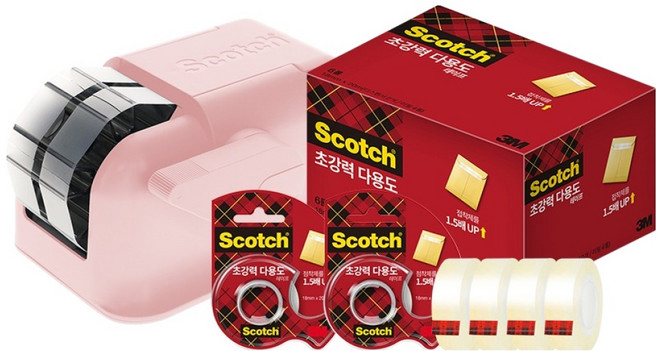 3M Scotch 輕巧型一鍵式膠帶臺 + 超強力多用途膠帶臺 2入 補充包 4入 18mm x 20m 套組, 蜜桃粉, 1套