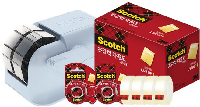3M Scotch 輕巧型一鍵式膠帶臺 2入 + 超強力多用途膠帶補充包 12mm x 20m 4入組, 灰藍色, 1套