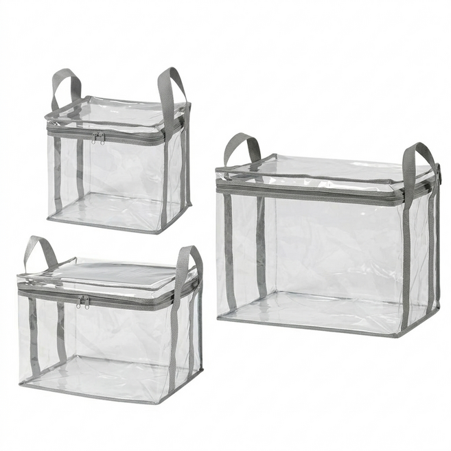 EZlife 透明可視加厚書本收納袋3件組 大(37 x 24 x 28cm) + 中(31 x 26 x 21.5cm) + 小(21 x 19 x 21cm), 灰色, 1套